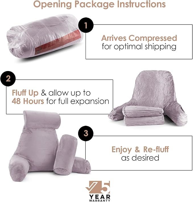 Nestl Reading Pillow Large Bed Pillow, Back Pillow for Sitting in Bed Shredded Memory Foam Chair Pillow, Reading & Bed Rest Pillows Dusty Purple Back Pillow for Bed, Bed Chair Arm Pillow with Pockets