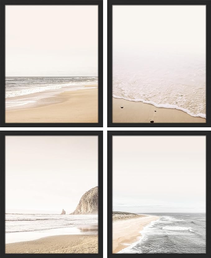 SIGNWIN Framed White Minimalist Ocean Beach Seashore Scenic Wall Art, Set of 4 Landscape Colorful Wall Decor Prints, Nature Wilderness Wall Décor for Living Room, Bedroom - 11"x14" Black