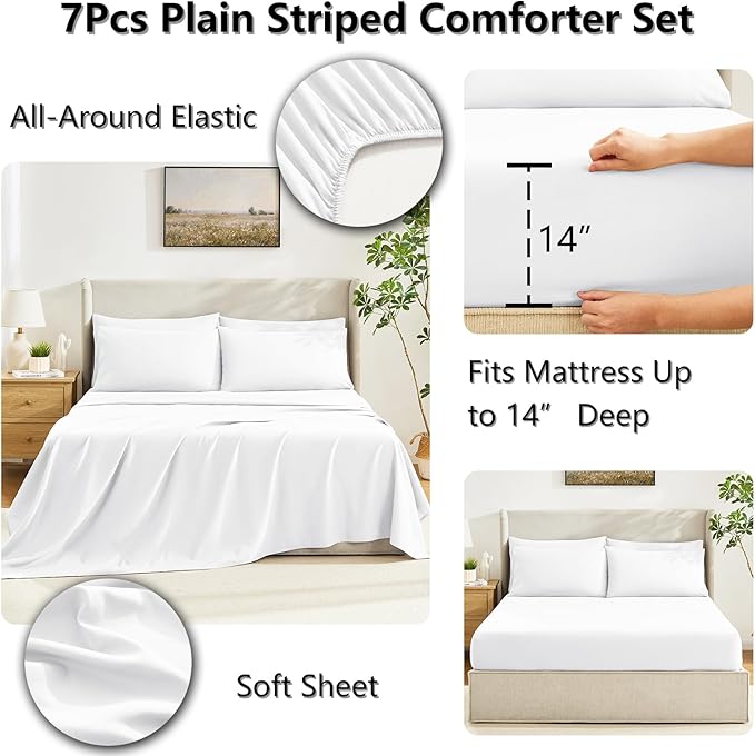 CozyLux White Comforter Queen Comforter Set - 7 Pieces Bed in a Bag Comforters Queen Size, Bedding Sets with All Season Quilted Comforter, Flat Sheet, Fitted Sheet, Pillowcases, White, Queen