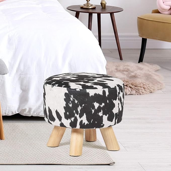 Asense Small Round Ottoman Foot Rest Stool Linen Padded Seat Footstool Ottoman with Anti-Slip Wooden Legs (Cow Black,Linen)
