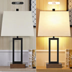 Table Lamp for Bedroom Set of 2 with 2 USB Ports and AC Power Outlet, 23.5" Modern Bedside Lamp, Wood Nightstand Lamp with Linen Shade for Living Room Hotel Desk(LED Bulb Included)