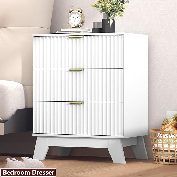 Fluted Dresser for Bedroom,3 Drawer Dresser for Closet,Storage Cabinet and Chest of Drawers with Gold Handle,TV Stand,Storage Organizer for Living Room,Hallway,Entryway,White