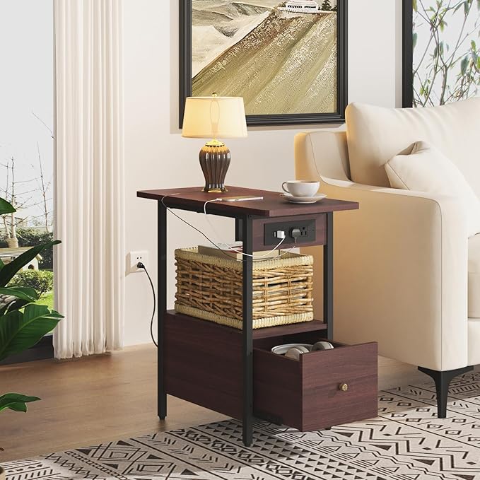 LIDYUK End Table with Charging Station, Narrow Side Table with Drawer and USB Ports & Power Outlets, Nightstand Bedside Tables for Small Spaces, Bedroom, Living Room, Dark Cherry