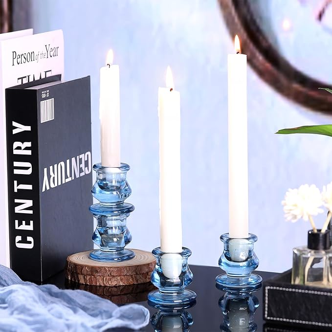 12pcs Blue Candlestick Holders, Blue Glass Candle Holders for Pillar Candles, Taper Candle and Tealight Candles, Taper Candle Holders for Wedding, Table Centerpiece