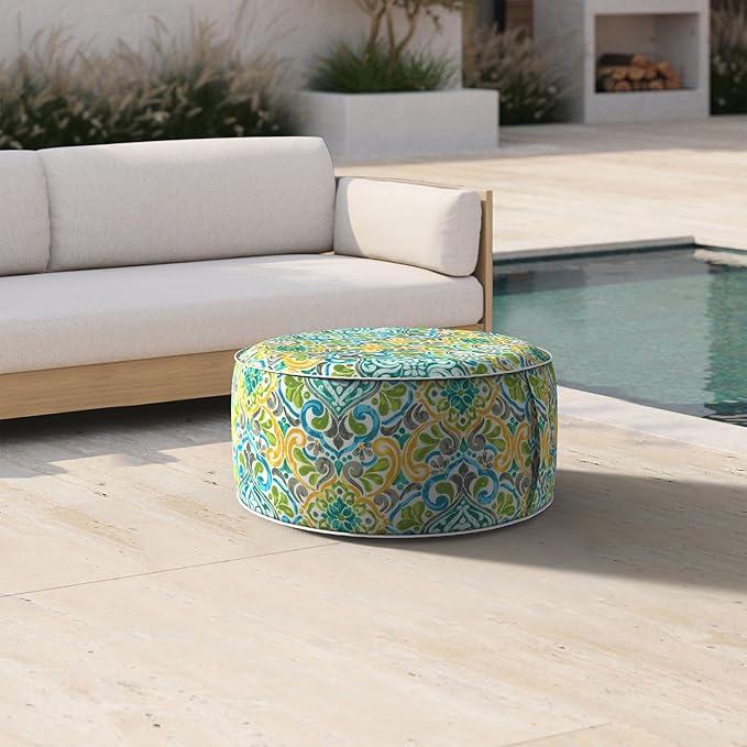 Inflatable Ottoman Stool D21 xH9 for Outdoor/Indoor Use, Water Repellent Patio Foot Rest Stool with Portable Handle,Round Pouf Ottoman Suitable for Garden,Deck and Camping - Damask Green