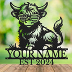 Personalized Highland Cow Name metal Signs,Custom Highland Cow Metal Shed Wall Decor,Black Metal Wall Art Plaques Outdoor wall Decorative Signage (Style C)