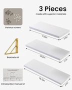 BAYKA Wall Shelves for Bedroom Decor, Floating Wall Shelves for Living Room Kitchen Storage, Wall Mounted Rustic Wood Shelves for Kids Books,Corner Shelves for Bathroom(White and Gold，Set of 3)