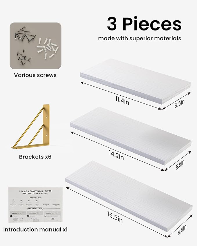 BAYKA Wall Shelves for Bedroom Decor, Floating Wall Shelves for Living Room Kitchen Storage, Wall Mounted Rustic Wood Shelves for Kids Books,Corner Shelves for Bathroom(White and Gold，Set of 3)