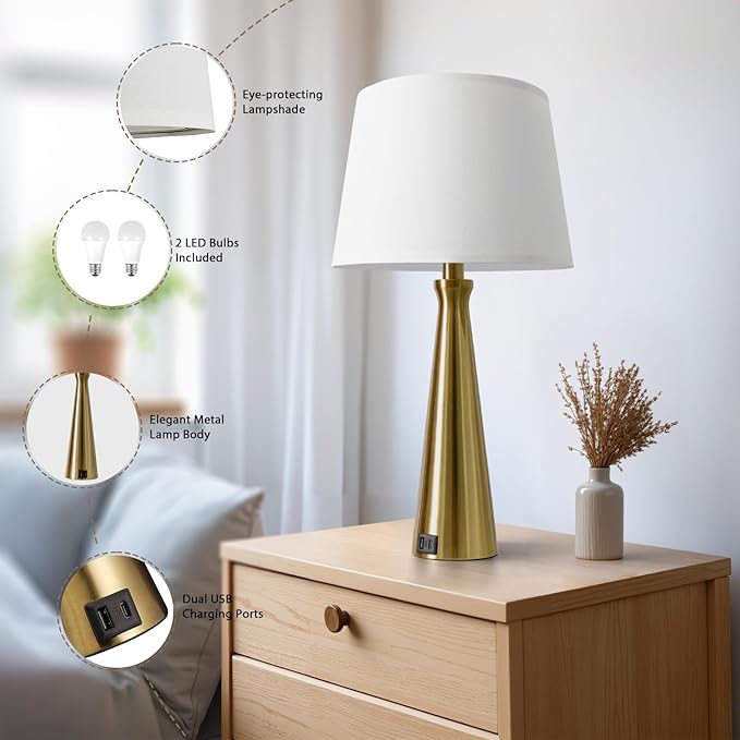 Seealle Modern Table Lamps Set of 2 - Touch Bedside Lamp for Nightstand with USB C+A,3-Way Dimmable Coppery Nightstand Lamps for Living Room Bedroom End Table with White Shade(Bulb Included)