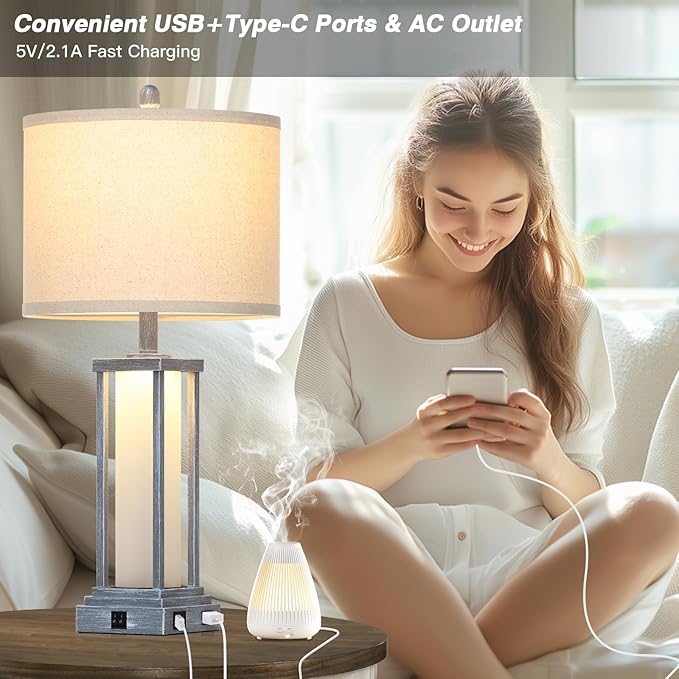 27" Tall Vintage Table Lamp Set of 2 with USB C+A & Outlet,Gray Nightstand Lamp for Living Room,Retro Bedside Lamps with Frosted Glass Night Light for Bedroom Entryway,Grey