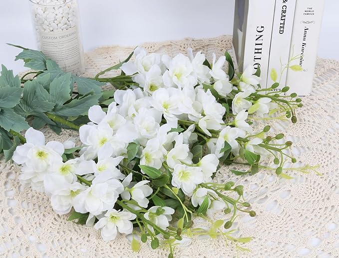 8PCS Artificial Delphinium White Flowers with Clematis Greenery Long Stem Artificial Flowers Cream for Tall Vase for Home Wedding Floral Arrangement Centerpiece Table Decor (Cream White)
