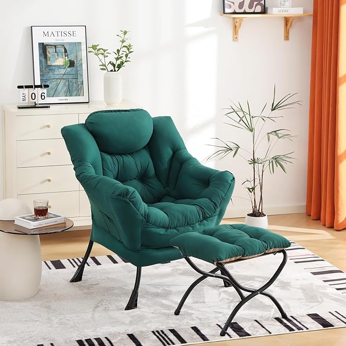 Cozy Lazy Chair and Ottoman, Large Contemporary Accent Lounge Chair Set, Leisure Upholstered Reading Armchair for Bedroom, Living Room, Dorm Rooms, Office