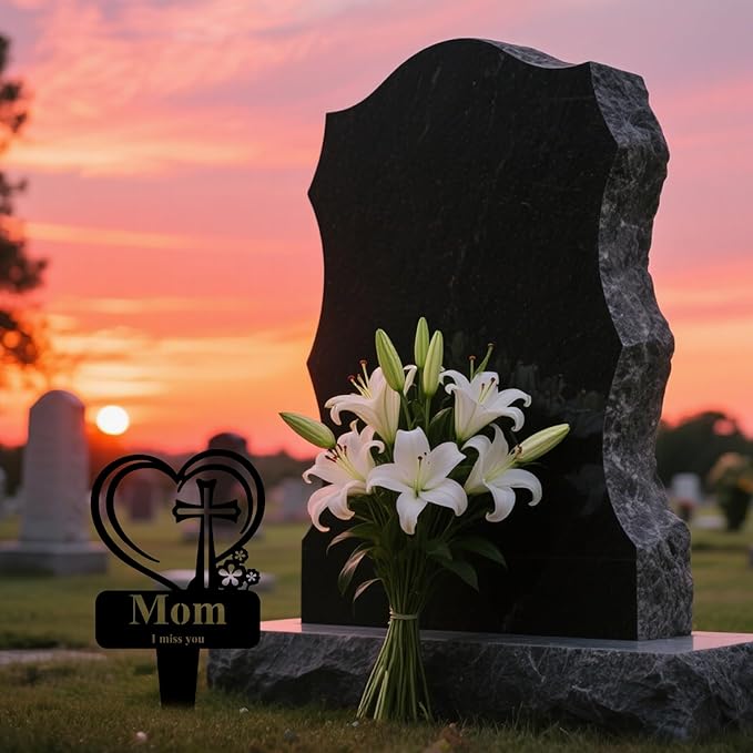 Mom Memorial Grave Stake, Cemetery Decorations for Grave Markers 12.5 x 7.2 inch Heart Metal Sympathy Stakes Graveside Plaque Decor Sign for Mother Graves, Yard, Garden - Black-Mom