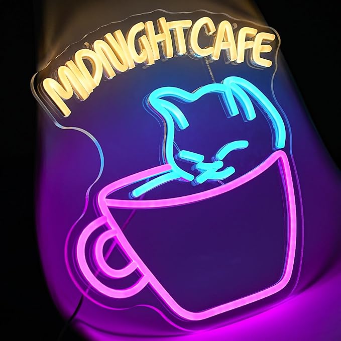 Midnight Cafe Neon Sign for Wall Decor Cat Neon Light Coffee Led Neon Signs Colorful LED Neon Light for Coffee Shop Dessert Shop Bakery Cafe Dcoration