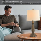 𝟐𝟔-𝐈𝐍𝐂𝐇 Rustic Table Lamp Set of 2 for Living Room, Vintage Farmhouse Bedside Lamp with USB Charging Port, 3 Way Dimmable Resin Nightstand Lamps with White Shade for Bedroom, End Table