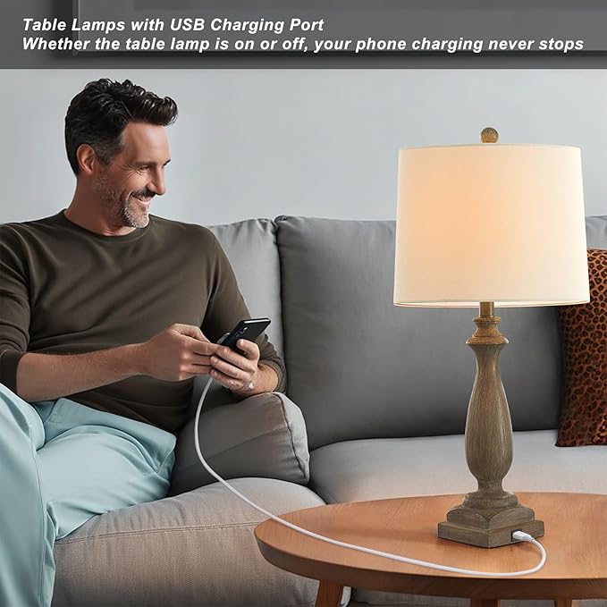 𝟐𝟔-𝐈𝐍𝐂𝐇 Rustic Table Lamp Set of 2 for Living Room, Vintage Farmhouse Bedside Lamp with USB Charging Port, 3 Way Dimmable Resin Nightstand Lamps with White Shade for Bedroom, End Table