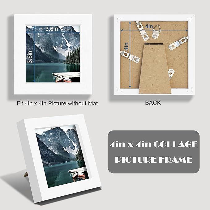 4x4 White Picture Frames set of 3, Made of Wooden and Real Glass Small Square frame - Display on Table Desk Top or Wall Hanging