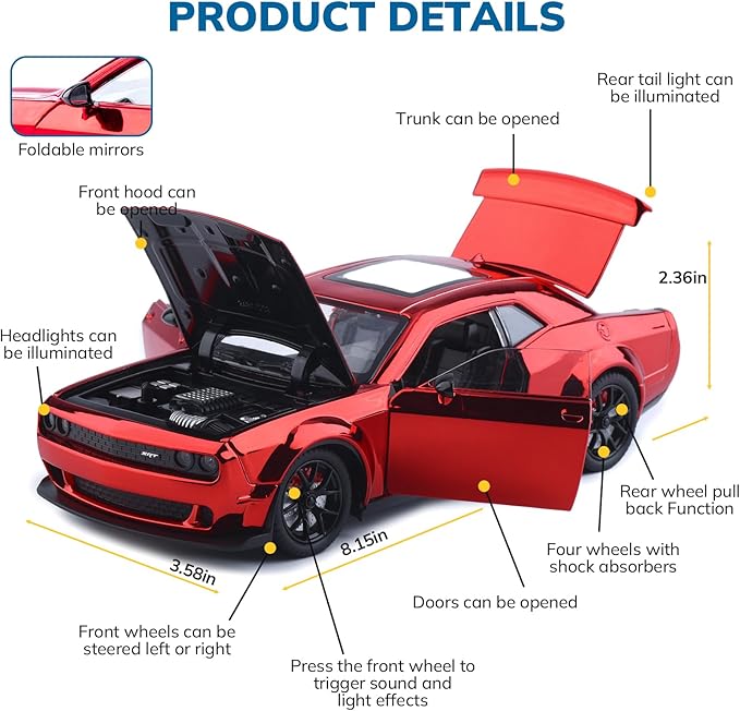 Car Toys for Boys 1/24 Diecast Cars Hellcat SRT Collectibles Model Kit,Pull Back Metal Toy Car with Lights and Sounds,Toy Cars for Boys Age 4-7（Metallic Red）