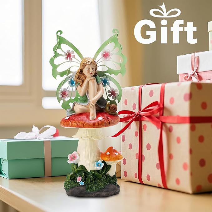 Solar Fairy Garden Decor Flower Fairies Mushroom Figurines with Snail Decor Gifts for Women Mom Miniature Fairy Figurine for Lawn Garden Patio Yard Decorations Outdoor Statue