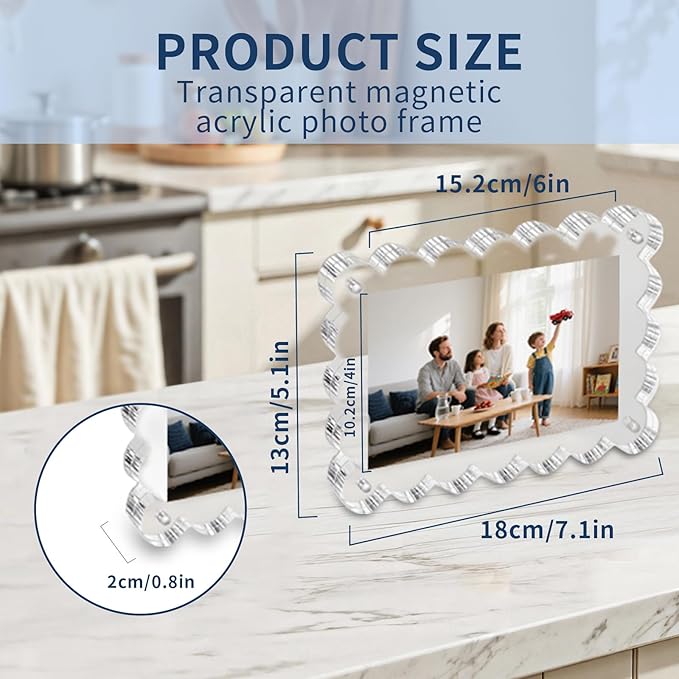 3-Pack 4x6 Acrylic Magnetic Photo Frames – Double-Sided Clear Block Frames with Scalloped Edges, UV-Protected Lucite Self-Standing Picture Frame