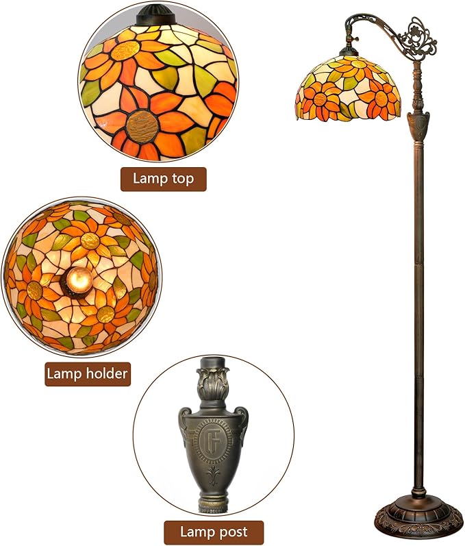 Tiffany Floor Lamp Yellow Sunflower Stained Glass Gooseneck Reading Floor Lamp Adjustable Corner Standing Light with Foot Switch for Bedroom Living Room Office (Bulb Included)