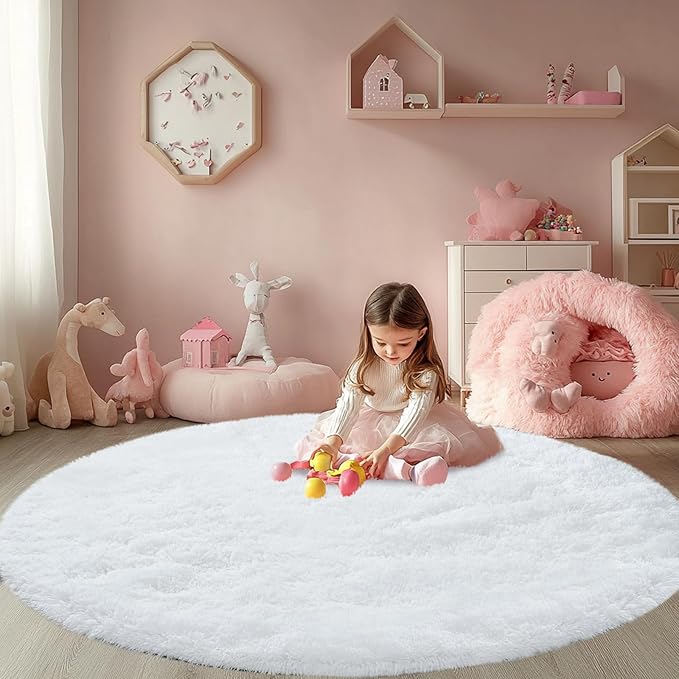 CAIYUECS White Round Rug for Bedroom: 5x5 Feet Soft and Fluffy Area Rug for Living Room- Circle Furry Plush Rug for Kids Room, Dorm- Fuzzy Rugs for Living Room, Home Decor (5ft, White)