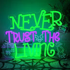 Never Trust The Living Neon Sign Halloween Neon Light Horror Skull LED Sign for Wall Dimmable Spider Web Bat LED Lights Signs for Bar Haunted Mansion Chamber of Secrets Spooky House Decor