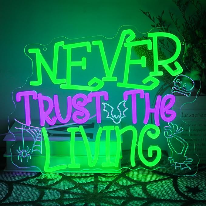 Never Trust The Living Neon Sign Halloween Neon Light Horror Skull LED Sign for Wall Dimmable Spider Web Bat LED Lights Signs for Bar Haunted Mansion Chamber of Secrets Spooky House Decor