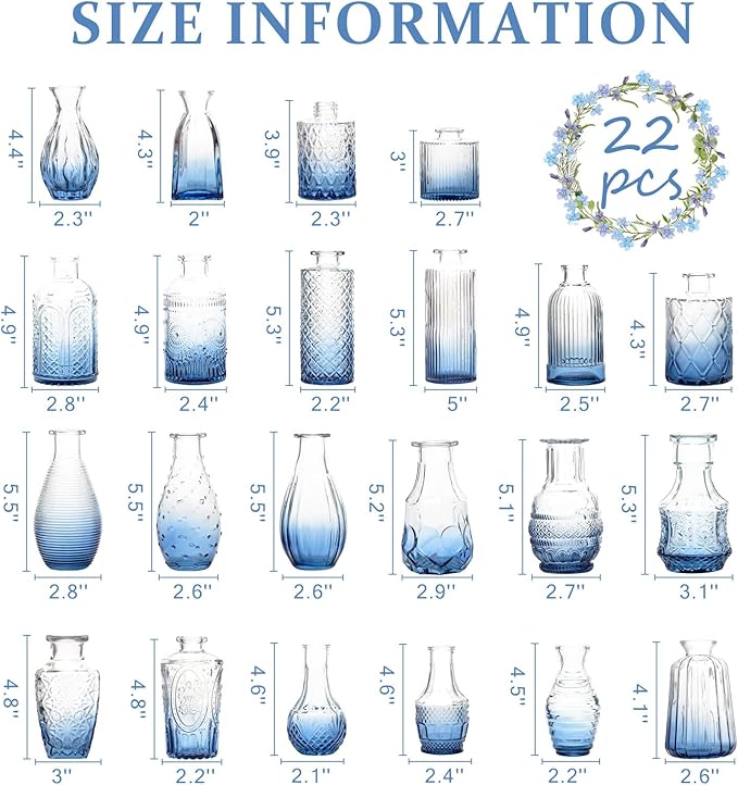 22 Pack Bud Vase in Bulk - BEAHOT Blue Flower Vases for Wedding Decorations, Glass Vase for Table Decorations, Small Vase for Home, Mother's Day, Centerpieces, Party, Office (Blue Gradient)