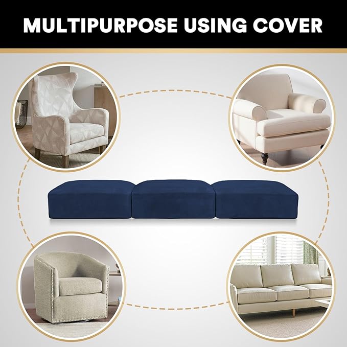 PrinceDeco Velvet Couch Cushion Covers 3 Pieces Velvet Separate Couch Cover Stretch Sofa Slipcover Washable Furniture Protector for Sectional Sofa(Each Width Up to 40", Navy)