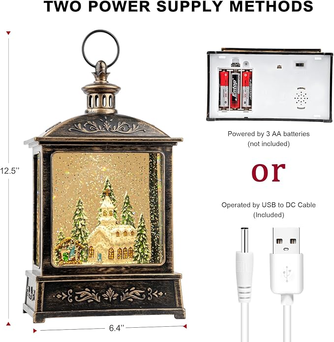 12.5'' Musical Snow Globe Lantern Lighted Church with Nativity Manger Scene Water Lantern in Swirling Glitter, Christmas Home Decoration and Gift, Battery Operated or USB Powered