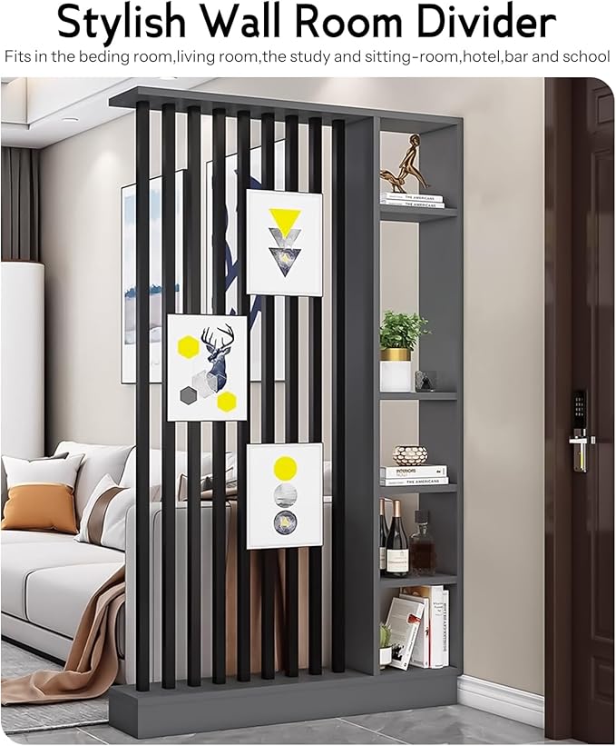 Wall Room Divider, Storage Cabinet Storage Display with Shelves, Modern Freestanding Wood Room Divider Screen, Wall Privacy Screens for Home Decorative (Grey+Black,47" L x 9.5" W x 79.5" H)