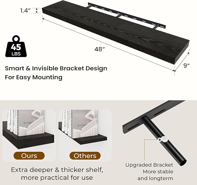 Dreamland 48 inch Floating Shelves for Wall Large Wall Mounted Shelves with Invisible Brackets, Black Long Shelves for Bathroom, Living Room, Kitchen, Office, 48x9.1 inch deep Set of 2