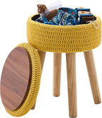 Wimarsbon Pouf Ottoman, 100% Cotton Knitted Boho Footstool, Round Footrest with Non-Skid Wood Legs, Home Décor Handmade Pouffe, Leisure Floor Step Stool for Living Room (High Storage Yellow)