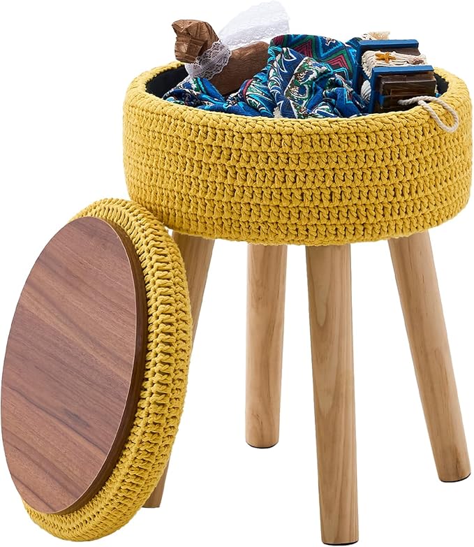 Wimarsbon Pouf Ottoman, 100% Cotton Knitted Boho Footstool, Round Footrest with Non-Skid Wood Legs, Home Décor Handmade Pouffe, Leisure Floor Step Stool for Living Room (High Storage Yellow)