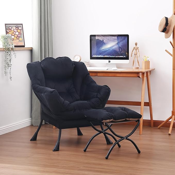 Lazy Chair and Ottoman, Large Accent Lounge Chair with Armrests and a Side Pocket, Modern Leisure Upholstered Sofa Reading Armchair with Footrest for Bedroom, Living Room, Dorm Rooms, Office