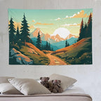 HZOHNAGO Mountain Tapestry Forest Mountain Sunrise Road Pattern Printed Wall Tapestry Wall Hanging for Bedroom Living Room Dorm 90" W x 60" H