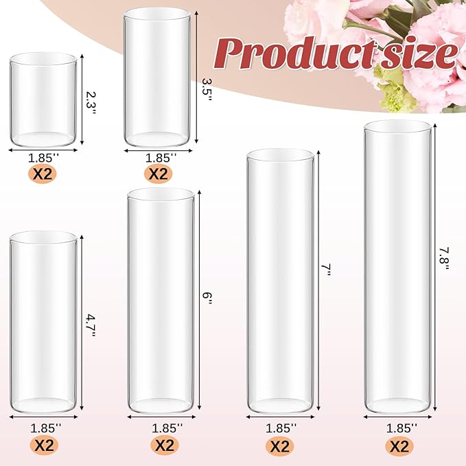Bud Vases Set of 12 Tall Glass Cylinder Vases Clear Single Flower Glass Vase Bulk for Wildflower Party Centerpieces Wedding Decoration Floating Candle Holder Wedding Decor, 6 Sizes
