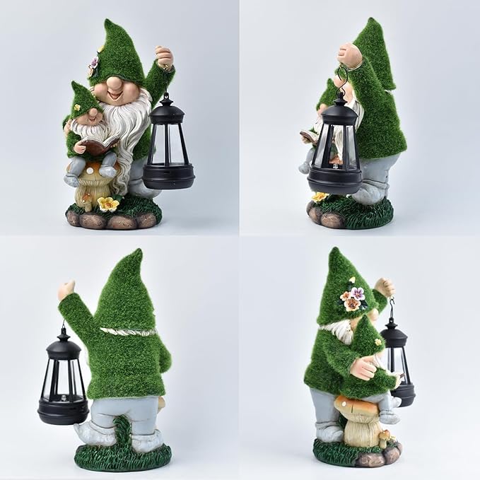 Solar Garden Gnome Statue Flocked Reading Parent & Child Gnomes with LED Light, Outdoor Waterproof Lawn Ornament Decor for Patio Lawn Yard Pathway Gift Idea for Women Mom Mothers Day