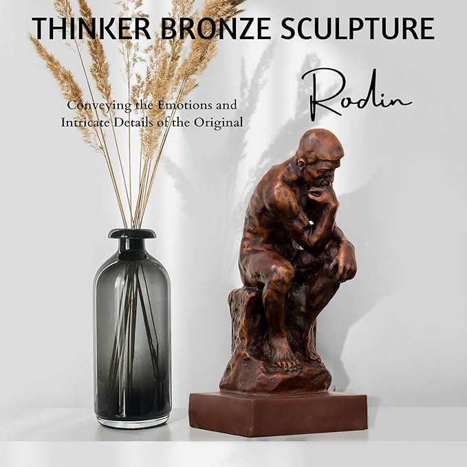 【9.5" Pure Bronze Statue】 The Thinker Bronze Statue Rodin Sculpture Ornament for Home Office Decor Famous Art Craft Collection