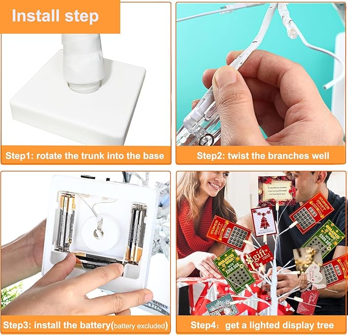 Money Tree Gift Holder, 2FT 24 LED Birch Tree with 12 Clear Clips, Battery Powered Lighted Display Card Trees for Christmas,Wedding, Photo Memo, Birthday Graduation（White）