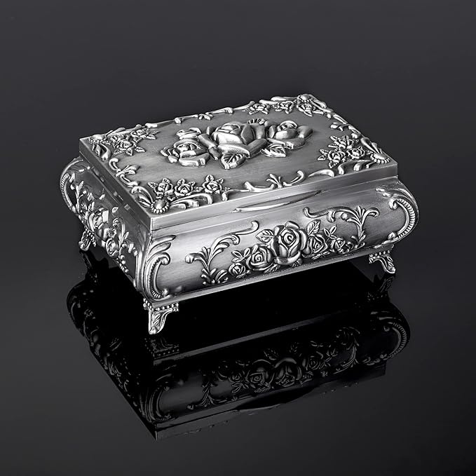 ELLDOO Vintage Music Box, Silver Metal Musical Jewelry Box Keepsake Box, Small Trinket Jewelry Storage Box Gift for Girl Women (Tune: You are My Sunshine)