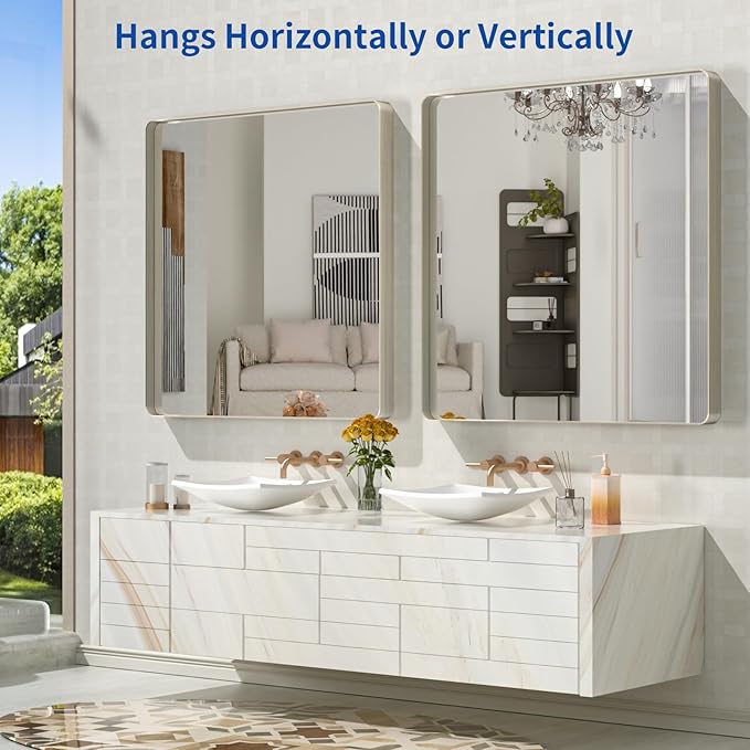 WEER 36X36 Inch Brushed Nickel Bathroom Mirror, Brushed Silver Metal Frame Mirror, Rounded Rectangle Silver Bathroom Vanity Mirror, Tempered Glass, Anti-Rust, Hangs Horizontally or Vertically