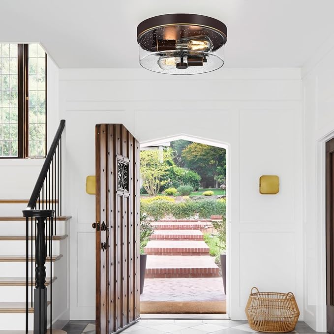 Flush Mount Ceiling Light Fixtures, 2-Light Oil Rubbed Bronze Ceiling Mount for Farmhouse with Seeded Glass Lampshade, Industrial Flush Mount Light Fixture for Hallway, Kitchen, Entryway and Foyer