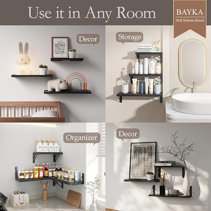 BAYKA Wall Shelves for Bedroom Decor, Floating Wall Shelves for Living Room Kitchen Storage, Mounted Rustic Wood Floating Shelves for Kids Books, Corner Shelves for Bathroom, Office(Set of 3)