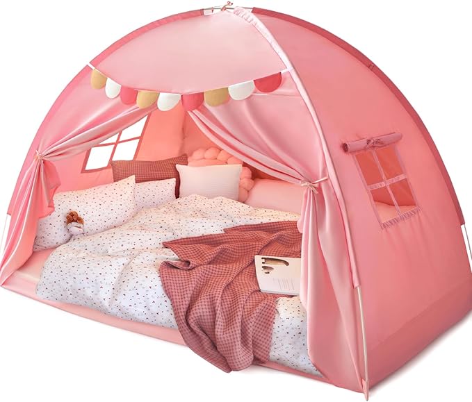 Razee Full Size Bed Canopy for Kids, Girls Bed Tent Dream Privacy Sleeping Tents Indoor, Toddler Under Bunk Bed Pink Tent with Pennant Banners