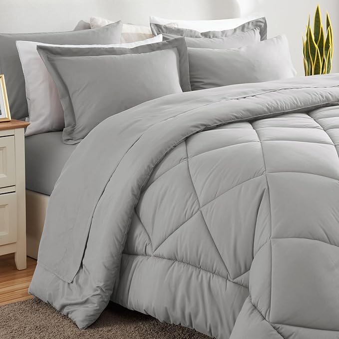 CozyLux Full Size Comforter Sets Light Grey - 7 Pieces Bed in a Bag Full, Luxury Soft Bed Set for All Seasons, Bedding Set with Down Alternative Comforter, Sheets, Pillowcases & Shams