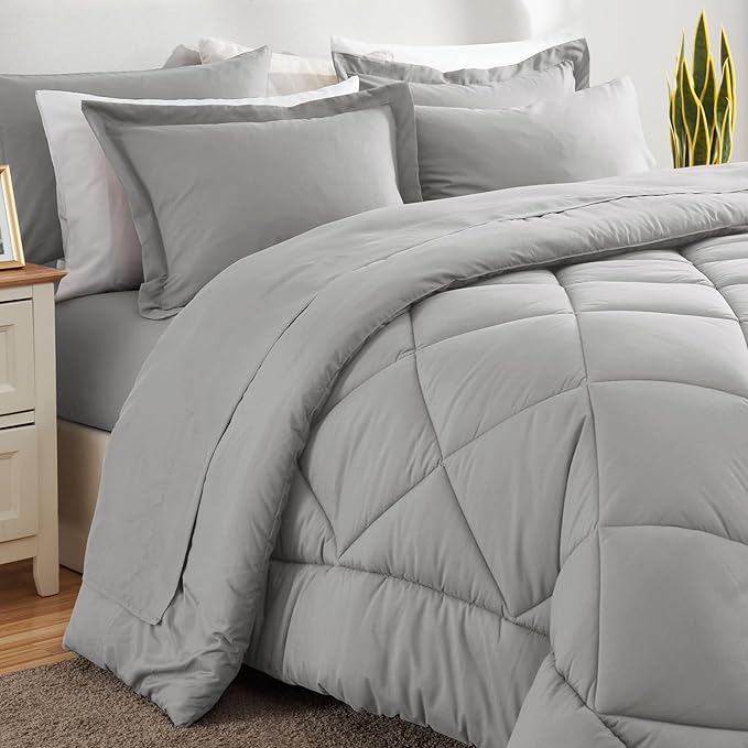 CozyLux King Size Comforter Set Light Grey - 7 Pieces Bed in a Bag King, Luxury Soft Bed Set for All Seasons, Bedding Set with Down Alternative Comforter, Sheets, Pillowcases & Shams