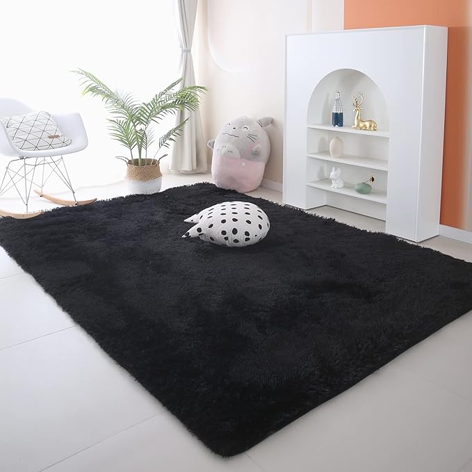 Black Shag Area Rug 9x12 - Large Soft Living Room Bedroom Shaggy Plush Rugs with Rubber Bcaking - Indoor Non-Slip Modern Fuzzy Shaggy Floor Carpet
