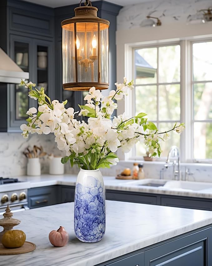 Oairse Blue and White Ceramic Vase, Chinoiserie Porcelain Flower Vase 9" for Centerpieces, Living Room, Dining Table Home Decor, Style 2